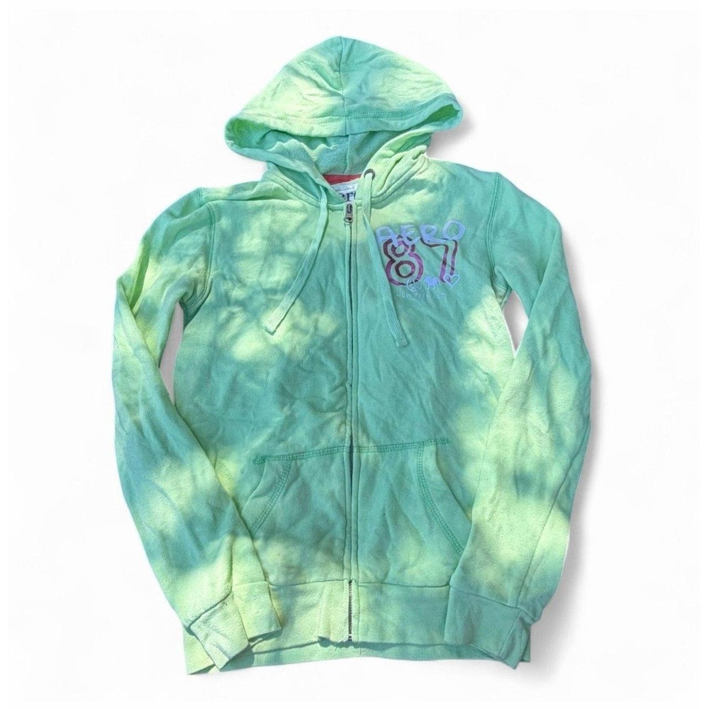 Y2K Aero 87 Zip‎ Up Hoodie Mint Green Full Zip Sweatshirt Women's Small S